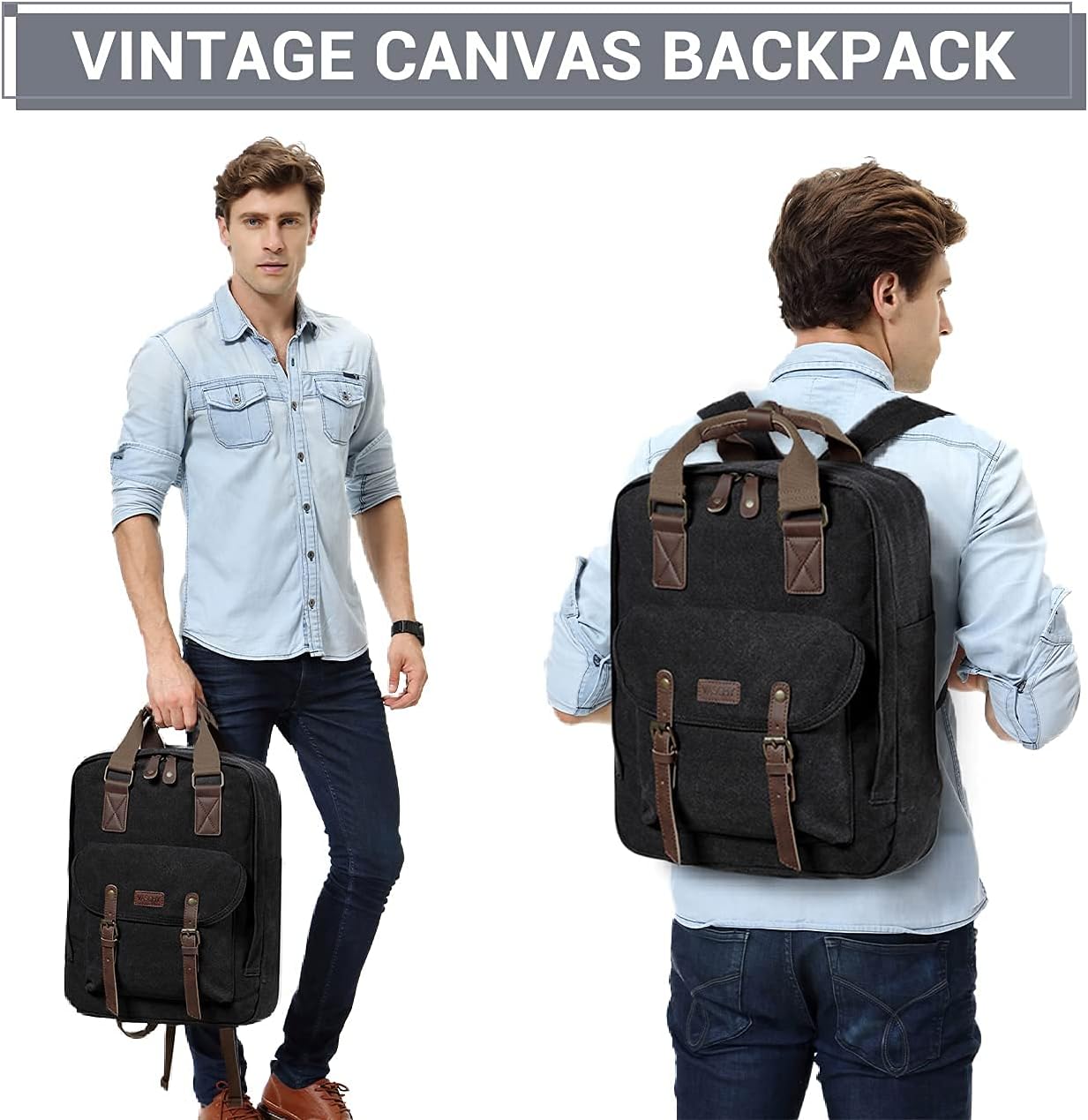 VASCHY Backpack for Men Women, Vintage Canvas Leather 15.6in Laptop Backpack Adult Rucksack for Work Travel Gray - Image 7