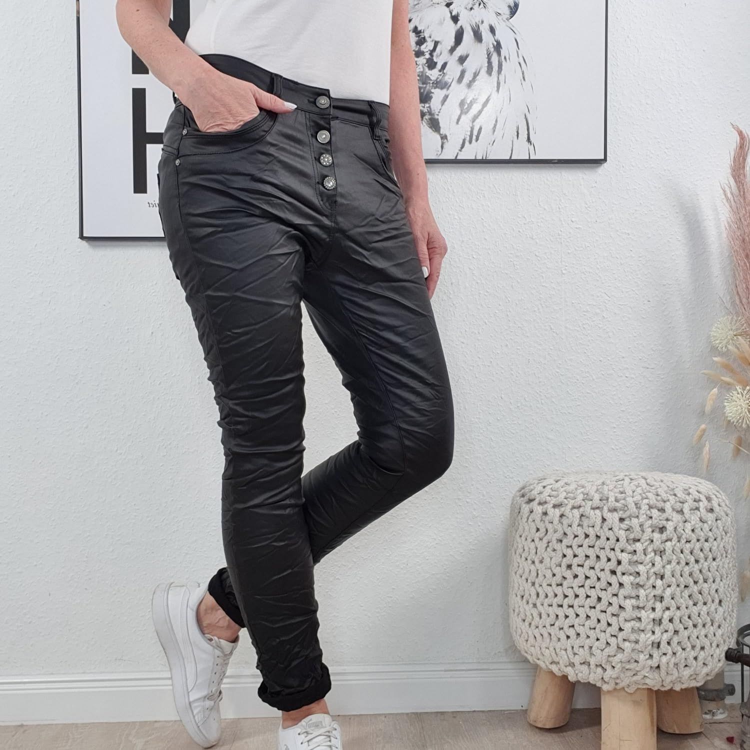 Jewelly Pantalon stretch en faux cuir pour femme - Coupe boyfriend - Avec boutonnière ouverte