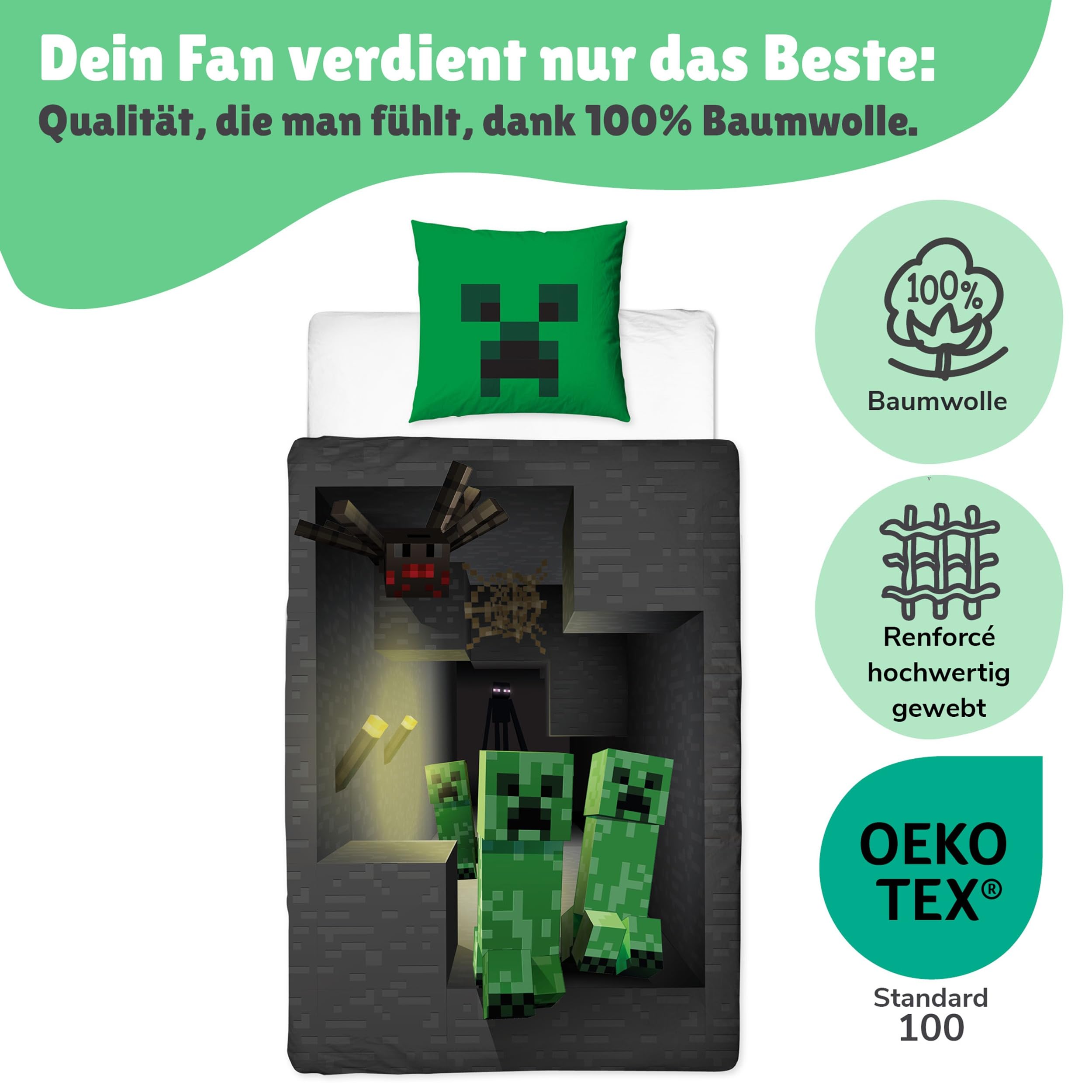 Minecraft Bettwäsche 135x200 Set mit Kissenbezug 80x80 cm für Jungen - Weiche und atmungsaktive Kinderbettwäsche aus 100% Baumwolle - Öko-Tex Zertifiziert - Reißverschluss mit Creeper Blöcken
