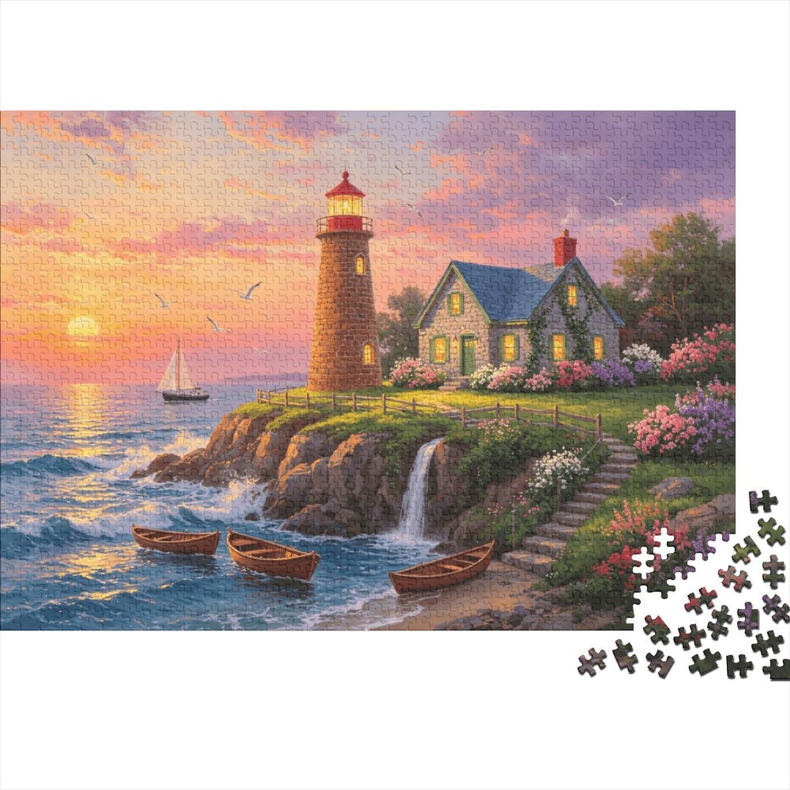 Coastal Lighthouse Adult Jigsaws 1000Pc Recyclable Material Seaside House Jigsaw Puzzles Family Gaming Time Props Perfect for Family And Friends Birthdays 52x38cm/1000pcs