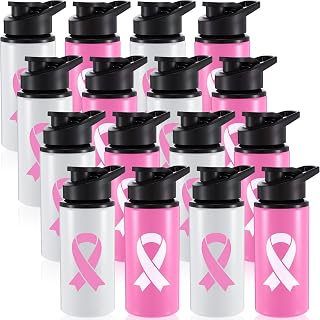 Honeydak 16 Pcs Breast Cancer Awareness Aluminum Water Bottle 17oz ink Ribbon Bike Water Bottle Leak Proof Portable Bottles for Marathon Running Public Events Breast Cancer Gifts(Fashion style)