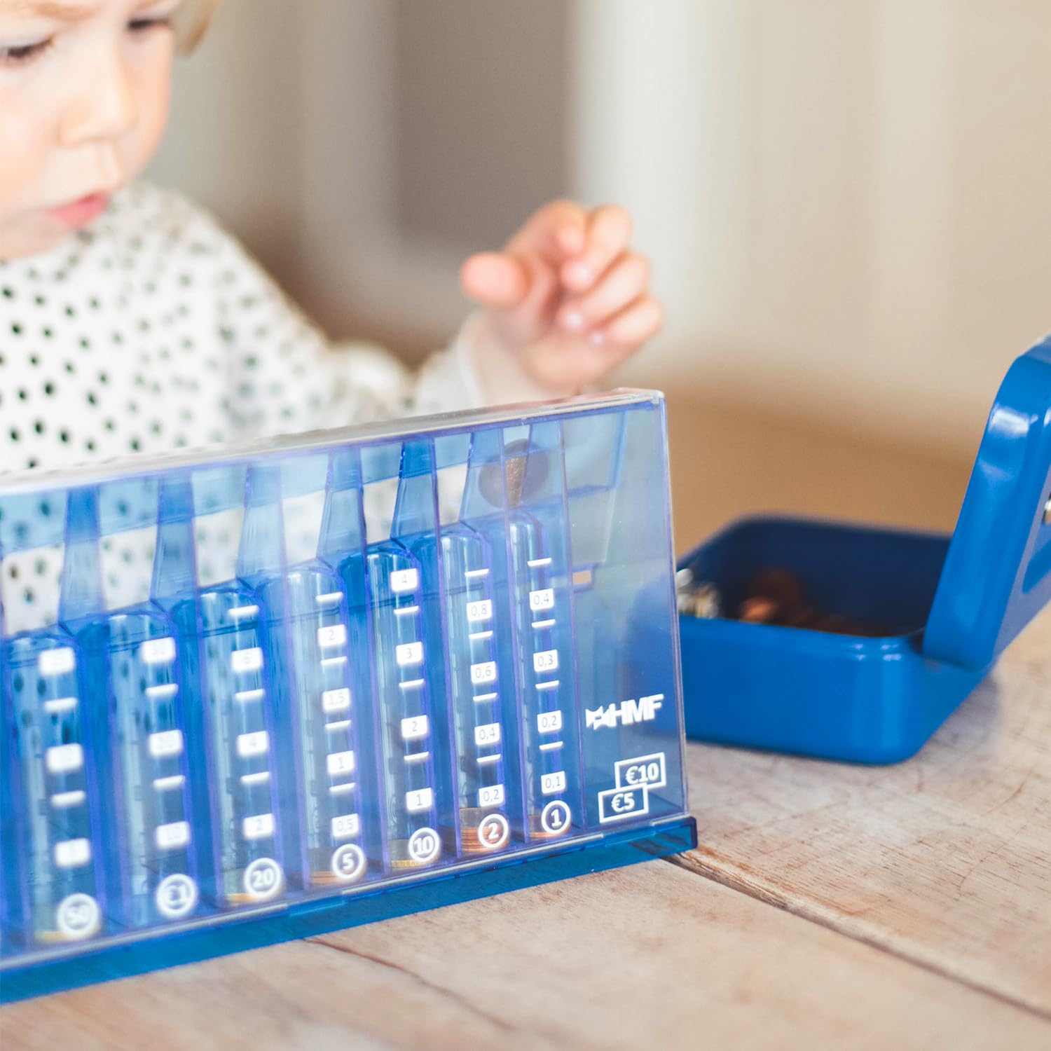 HMF Contador de Monedas con clasificación automática para Guardar Monedas, clasificador de Monedas Transparente con Escala de Valor como Hucha para niños | 24 x 12 x 5 cm | Azul