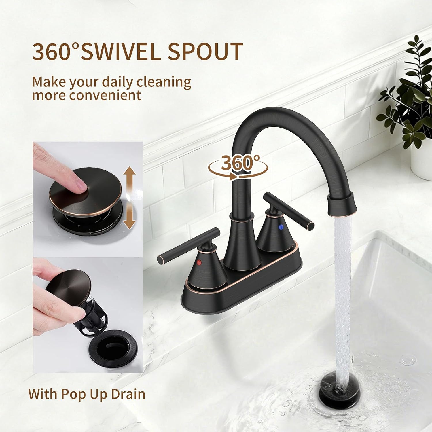 Image showing the 360-degree swivel spout and the pop-up drain stopper mechanism.