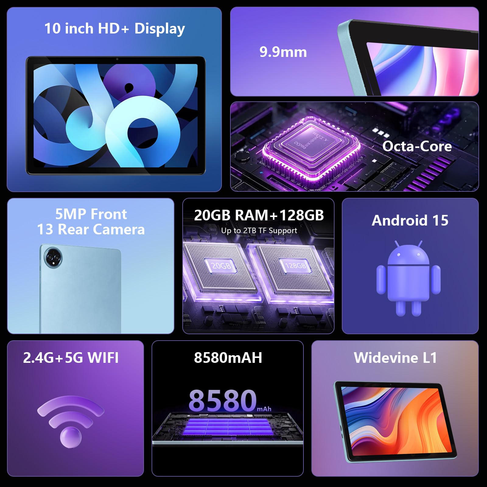 Tablet 10 pollici Android 15 20GB RAM +128GB ROM, Batteria ​​8580 mAh, ​​Octa-Core​​, 5G WIFI Tablet pc, 5+13MP ​​Fotocamera​, ​​Bluetooth​5.2 (​Blu)
