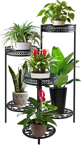 Miniatura 1 de Soporte para plantas para interiores y exteriores, negro de 2 niveles y 24 pulgadas de alto, robusto soporte para macetas de metal resistente,