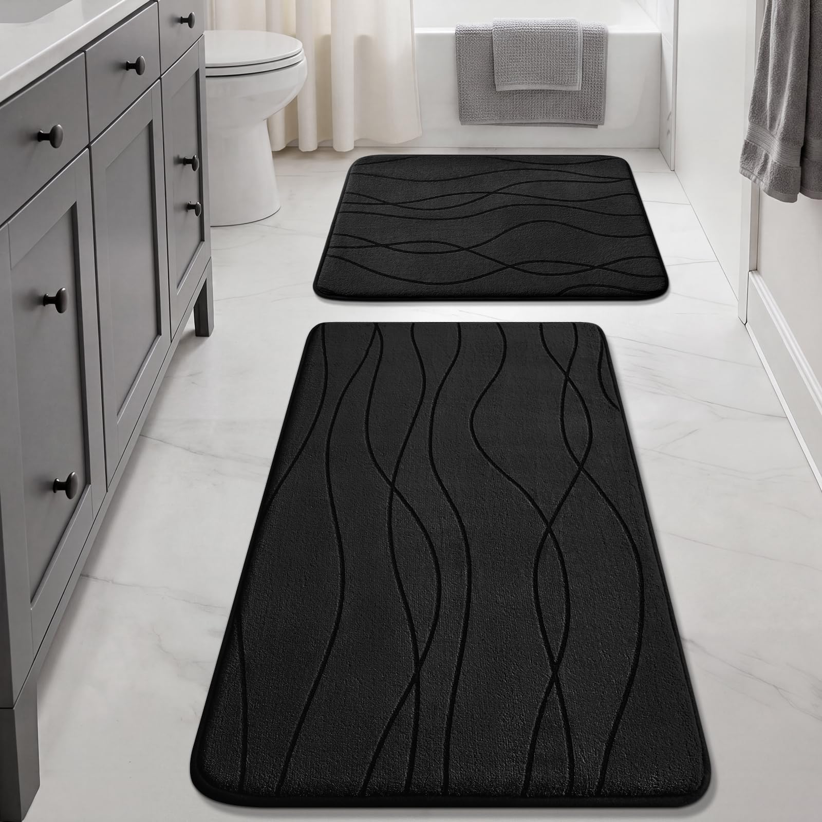 YIHOUSE Bathroom Rugs Set 2 Piece, Memory Foam Bath Mat Black