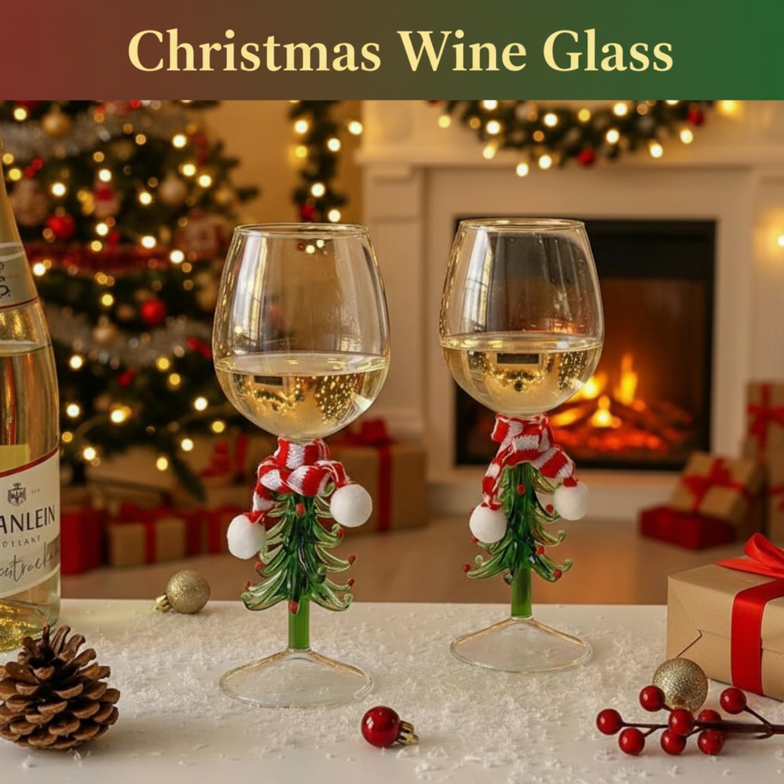 Bicchiere da vino con albero di Natale, 300 ml, con sciarpa, decorazione in cristallo, per feste, feste, regalo per gli amanti del vino (verde e bianco)