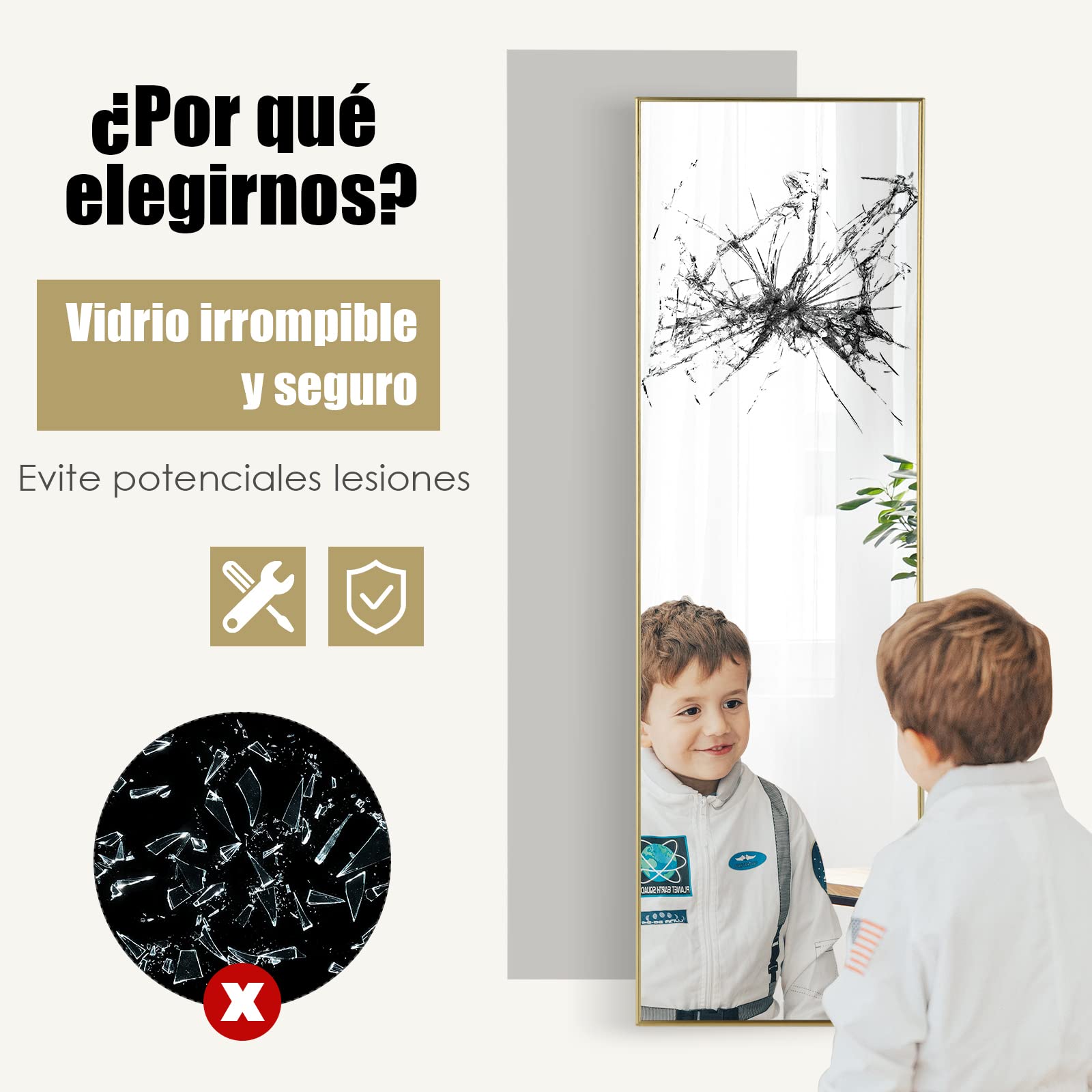 COSTWAY Espejo sobre Puerta de 120 x 37 cm, Espejo con Marco de Aleación de Aluminio y Cristal Irrompible, Espejo Colgante o de Pared con Ganchos para Armario, Dormitorio y Salón (Dorado)