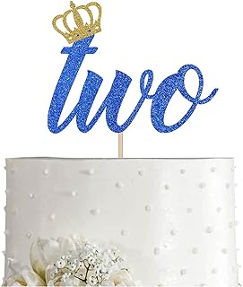 Prince 2nd Birthday Cake Topper Royal Blue Gold Glitter Boy 2 Years Birthday Party Supplies, Decorations