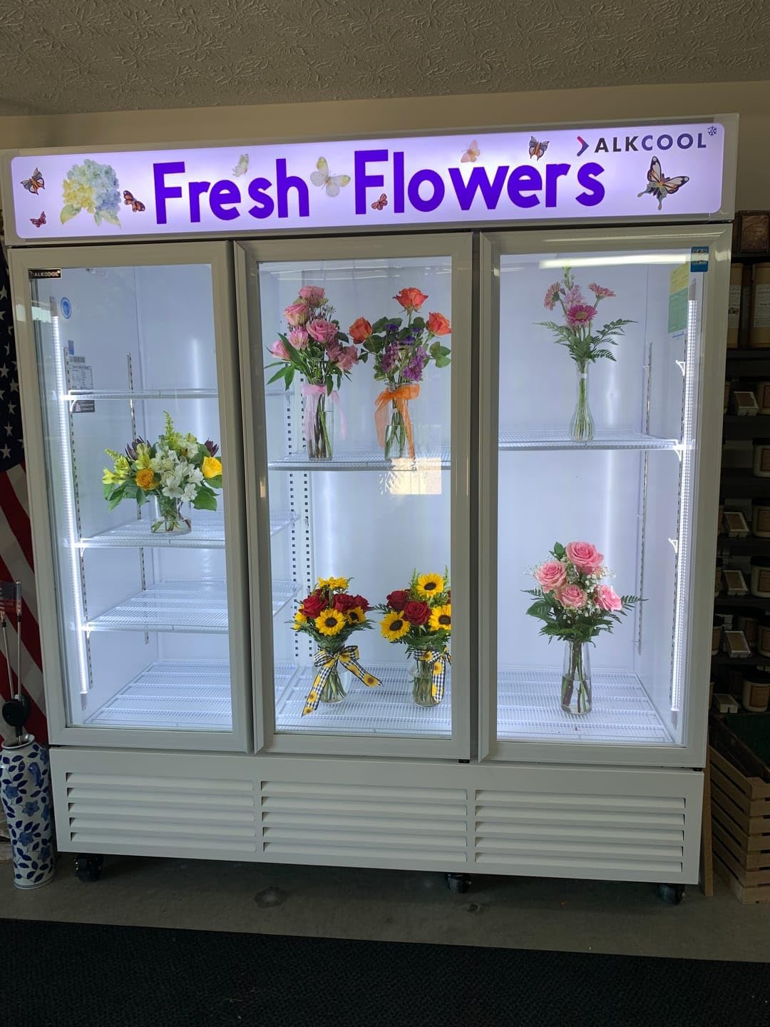 Commercial Refrigerator Floral Beverage Display Cooler,3 Glass Doors Commercial Flowers Drink Fridge With LED Light Adjustable Shelves,ETL &NSF Approval,71" Wide,White,63 Cuft,Wheels Not Included