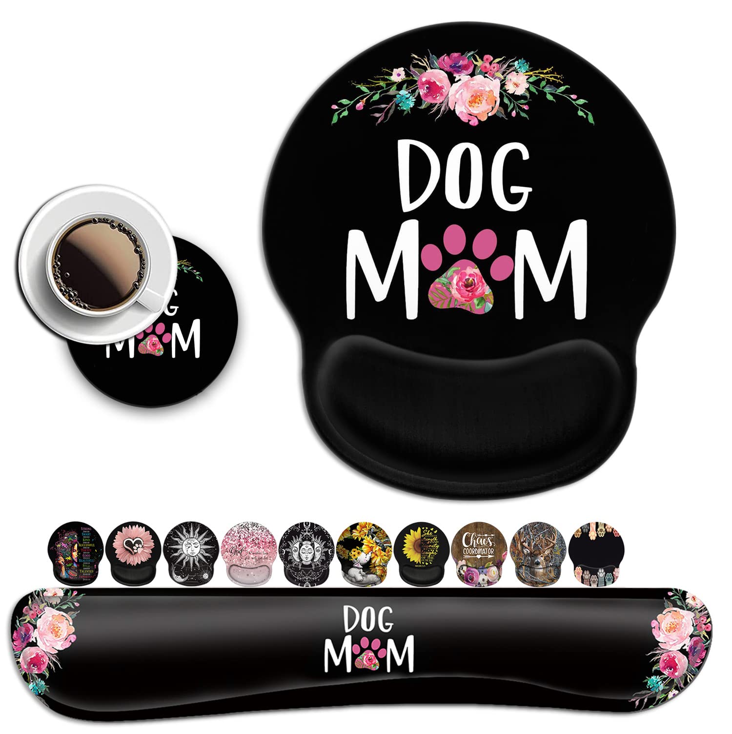 Mouse Pad with Gel Wrist Rest Support,Ergonomic Soft Keyboard Wrist Rest to Relieve Wrist Fatigue, Cute Dog Mom Floral and Black MousePads Desktop
