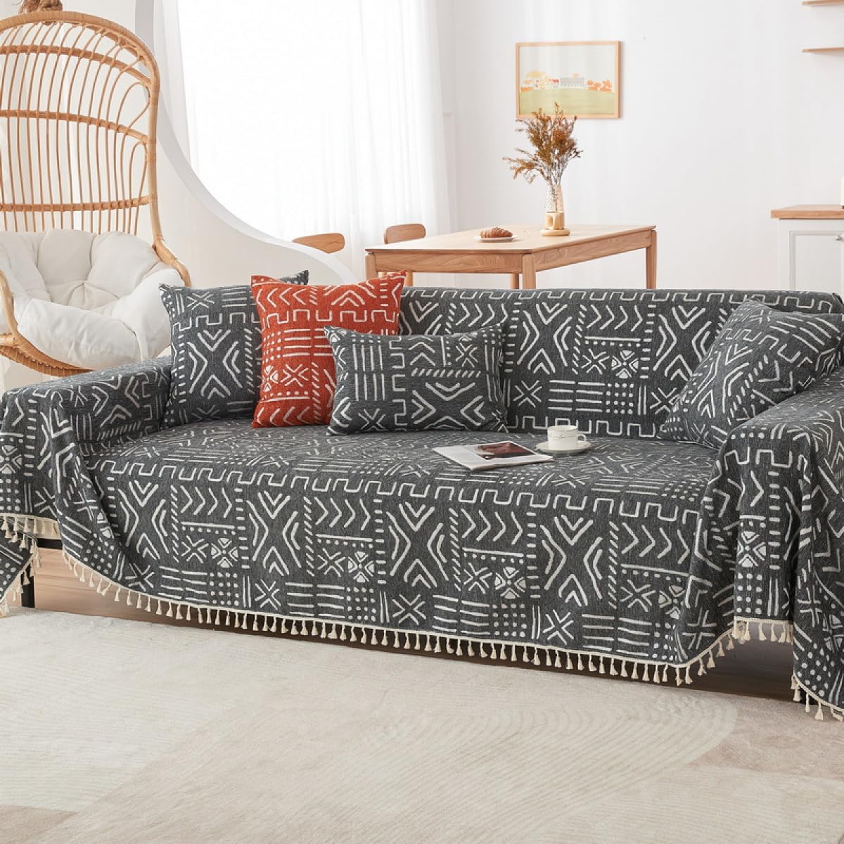 Fundas De Sofá Toalla De Sofá Chenille Sofá Cubre Paño Anti Arañazos De Gato Manta Protectora De Sofá Antideslizante con Borlas Sofá, Cama Y Settee Universal Manta Sofá-Black||180 * 360cm