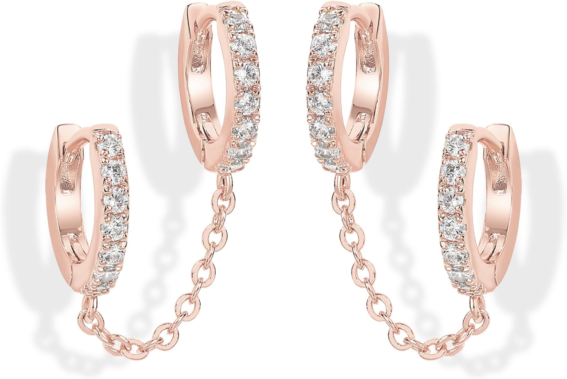 14K Gold Chain Earrings for Women | Double Piercing Dangle Chain Huggie Hoop Earrings | Cubic Zirconia Pearl Stud Ear Cuff Earrings for Women