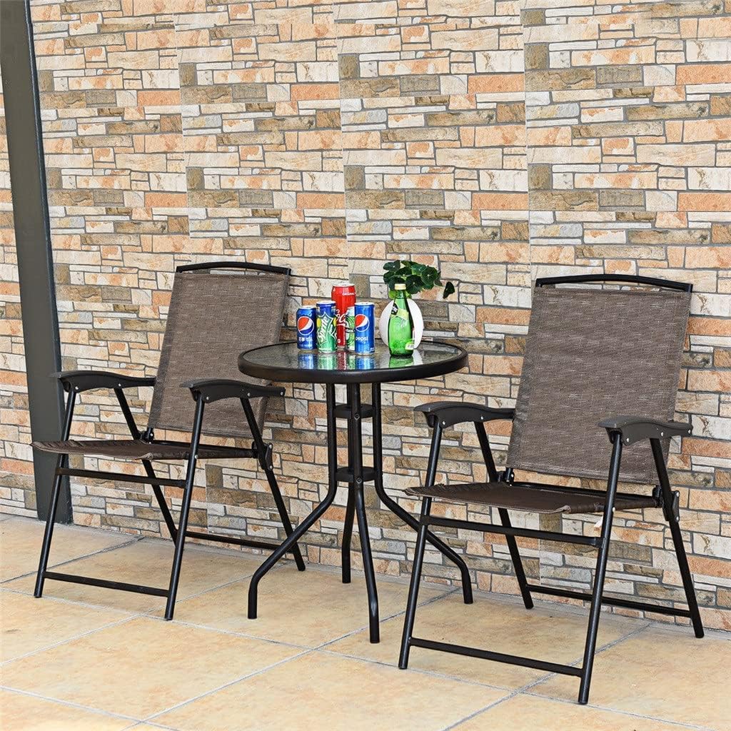 3PC Bistro Patio Garden Furniture Set 2 Folding Chairs Glass Table Round Steel Table
