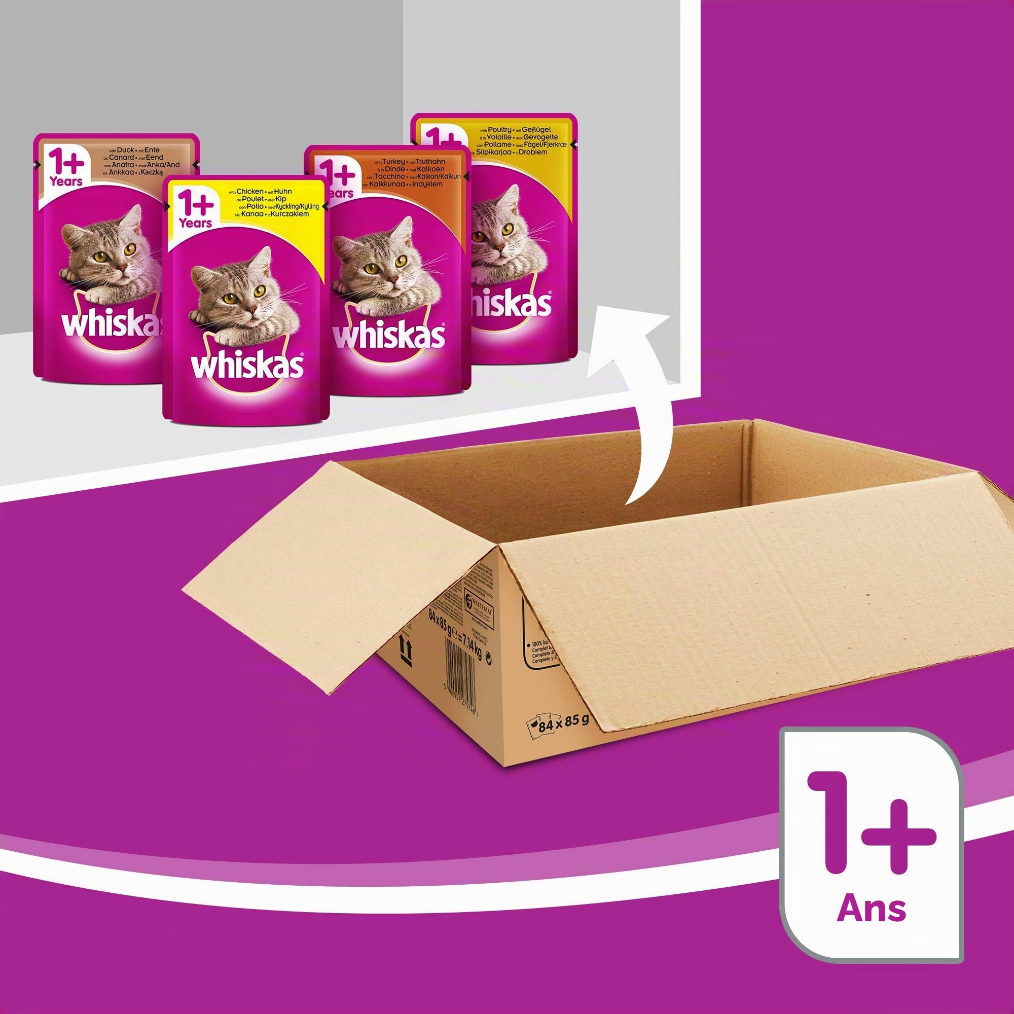WHISKAS Repas pour Chat - 84 Sachets Fraîcheur 100g - Pâtée en Sauce - Poulet / Dinde / Canard / Volaille - Nourriture Complète & Equilibrée, Ingrédients Naturels, Adapté Chat Stérilisé