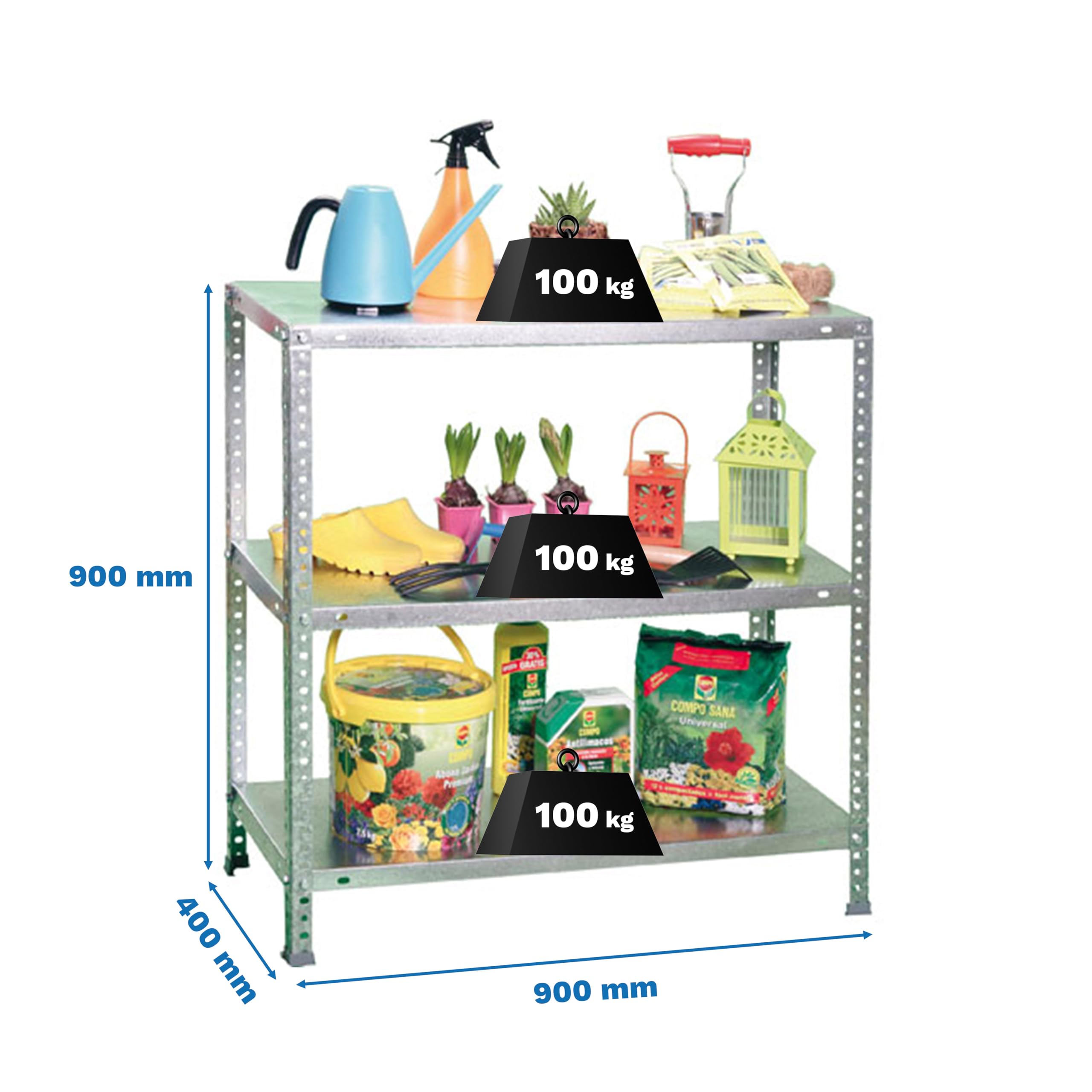 Simon Rack Étagère de Rangement et 3 Niveaux, 100 kg Capacité de Charge et Point de Flexion, 900x900x400 mm, Métal, Étagère Garage, Gris - Comfort