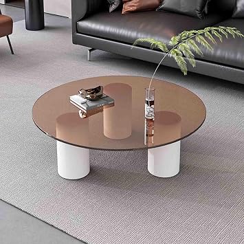 Round Glass Coffee Table, Modern End Table with Tempered Glass Tabletop, Minimalist Center Table for Living Room, Patio, Study Room, Office, Hotel, BalconyBriwn,90x31cm/35.4x12.2in