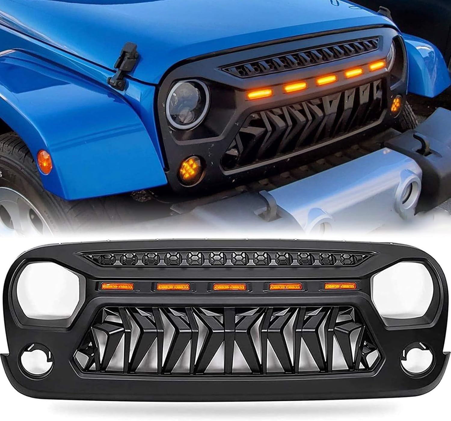 Grill Compatible with The Following Models:Jeep Wrangler 2007-2018 JK JUK Shark Grille Accessories Matte Black with 5 Amber Lights Including Unlimited Rubicon Sahara Sport