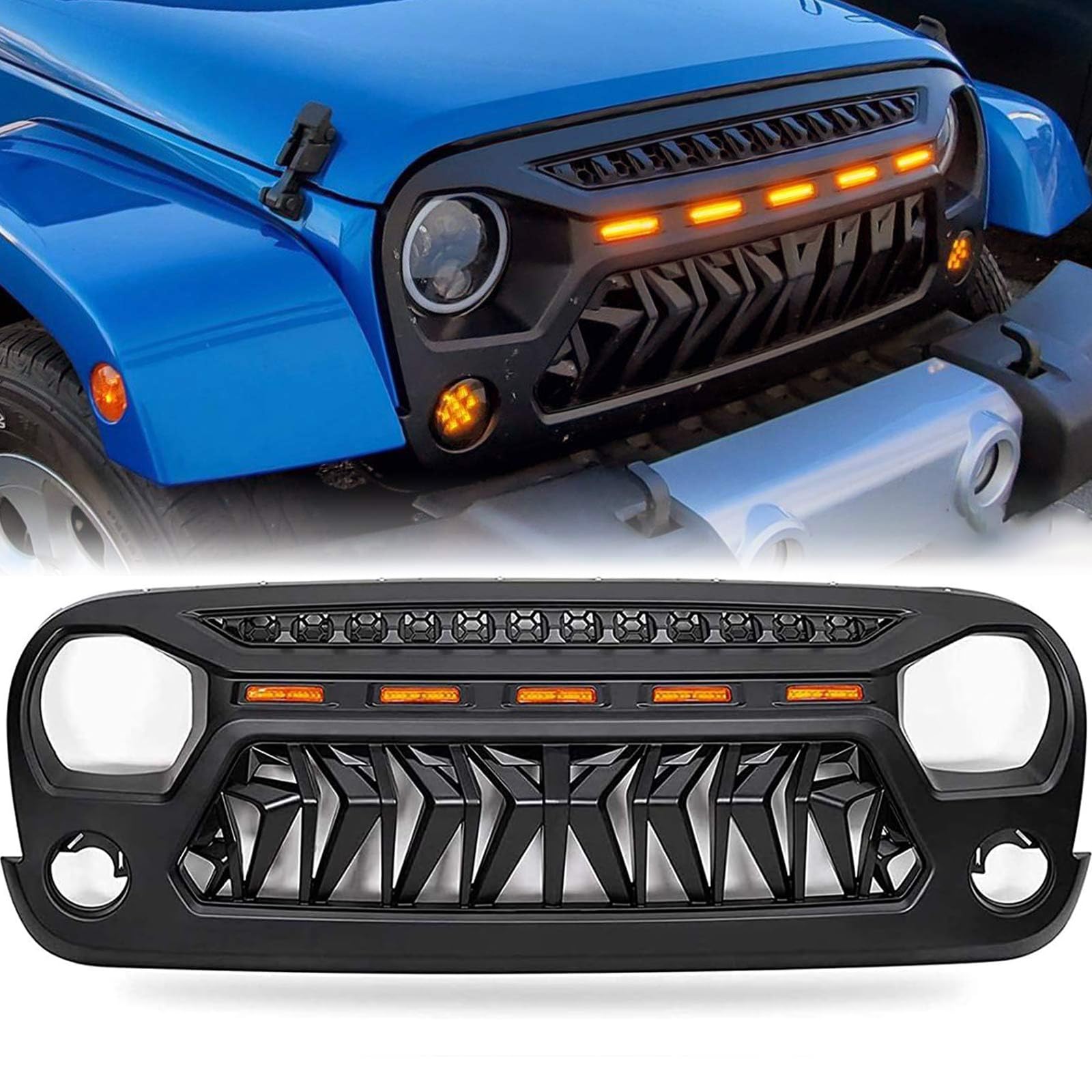 Haitzu Shark Grill Fit for Jeep Wrangler 2007-2018 JK Accessories, Matte Black Grille with 5 Amber Lights Including JKU Unlimited Rubicon Sahara Sport