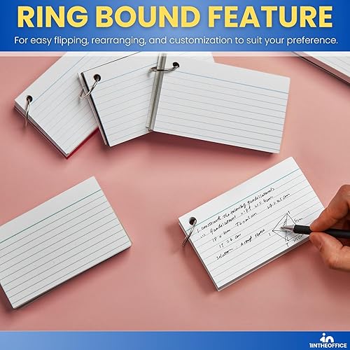 Miniatura 5 de 1InTheOffice Tarjetas de índice con anillo de 3 x 5, tarjetas flash con anillo de carpeta, tarjetas de notas perforadas de un solo agujero, 65