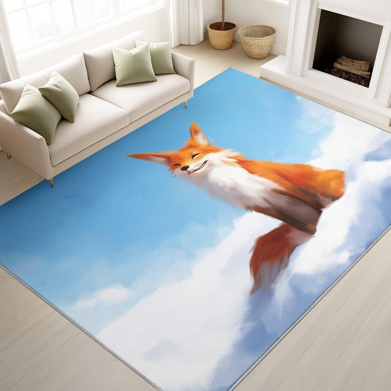Wycieraczka do wnętrz 140 x 200 cm, nadaje się do prania w pralce, fantazyjny komiksowy styl minimalistyczny, spokojny krajobraz śnieżny, lis, pomarańczowy, biały, antypoślizgowy, niskie runo do