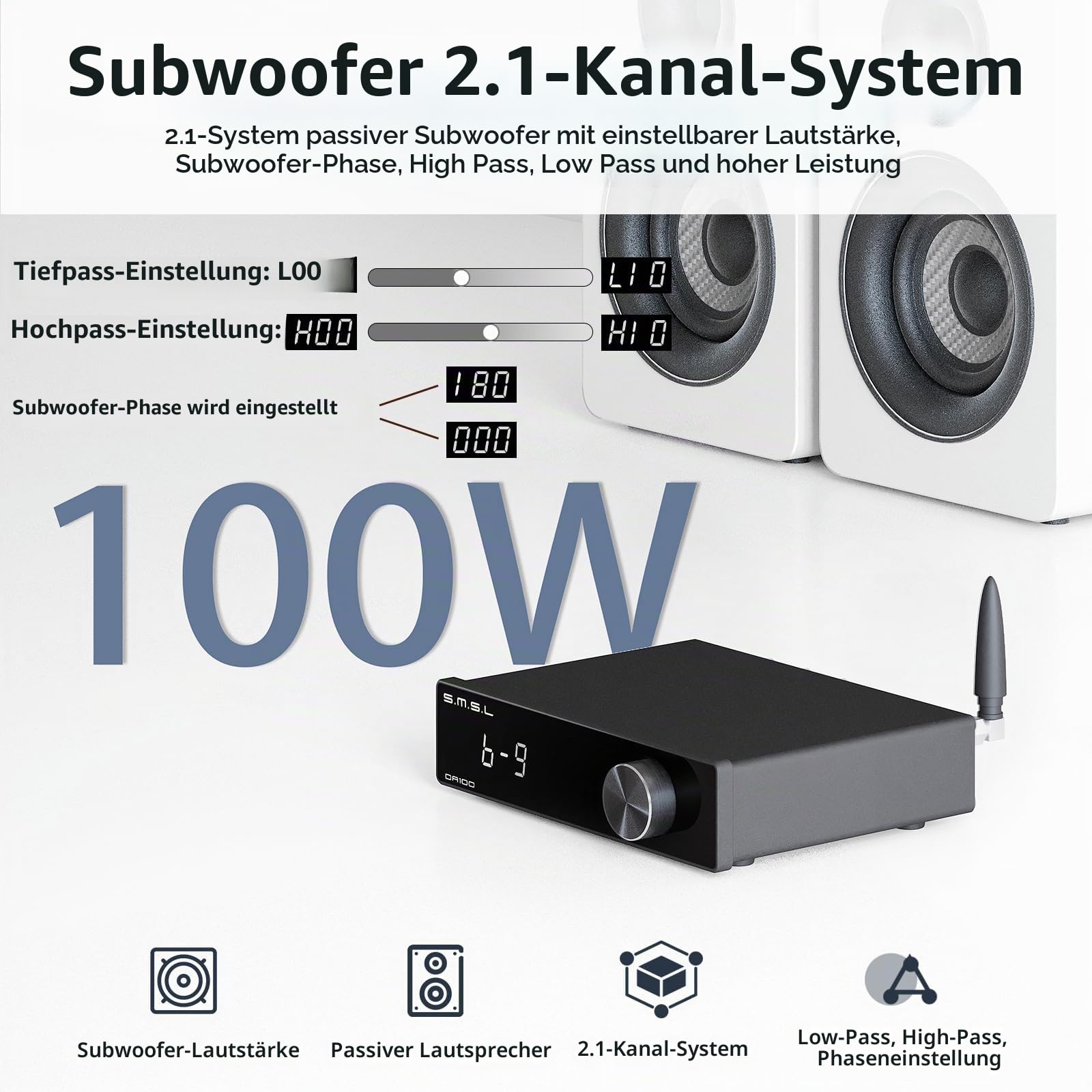 SMSL DA100 Leistungsverstärker 100W TI TAS5827 *2 Class-D-Verstärker Hoch-/Tiefpass 2.1 Subwoofer Bluetooth 5.3 Elektronische Lautstärkeregelung Stereo-Verstärker BT/USB/HDMI (ARC)/Optisch/Line-In