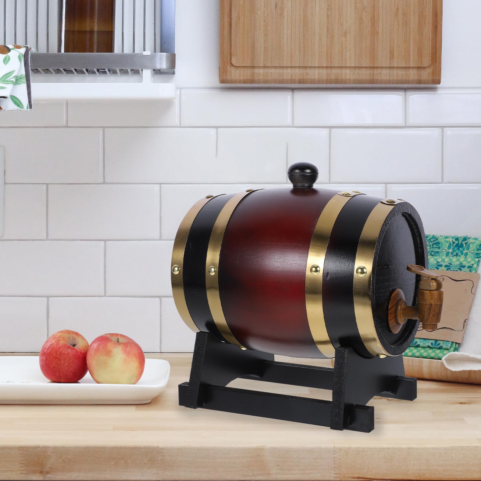 TOYANDONA Barril de Madera Maciza de Pino 1,5 L Grifo y Soporte, Barril para Vino Tinto, Cerveza y Licor, Dispensador Portátil para Añejamiento y Almacenamiento en Cocina y Bar