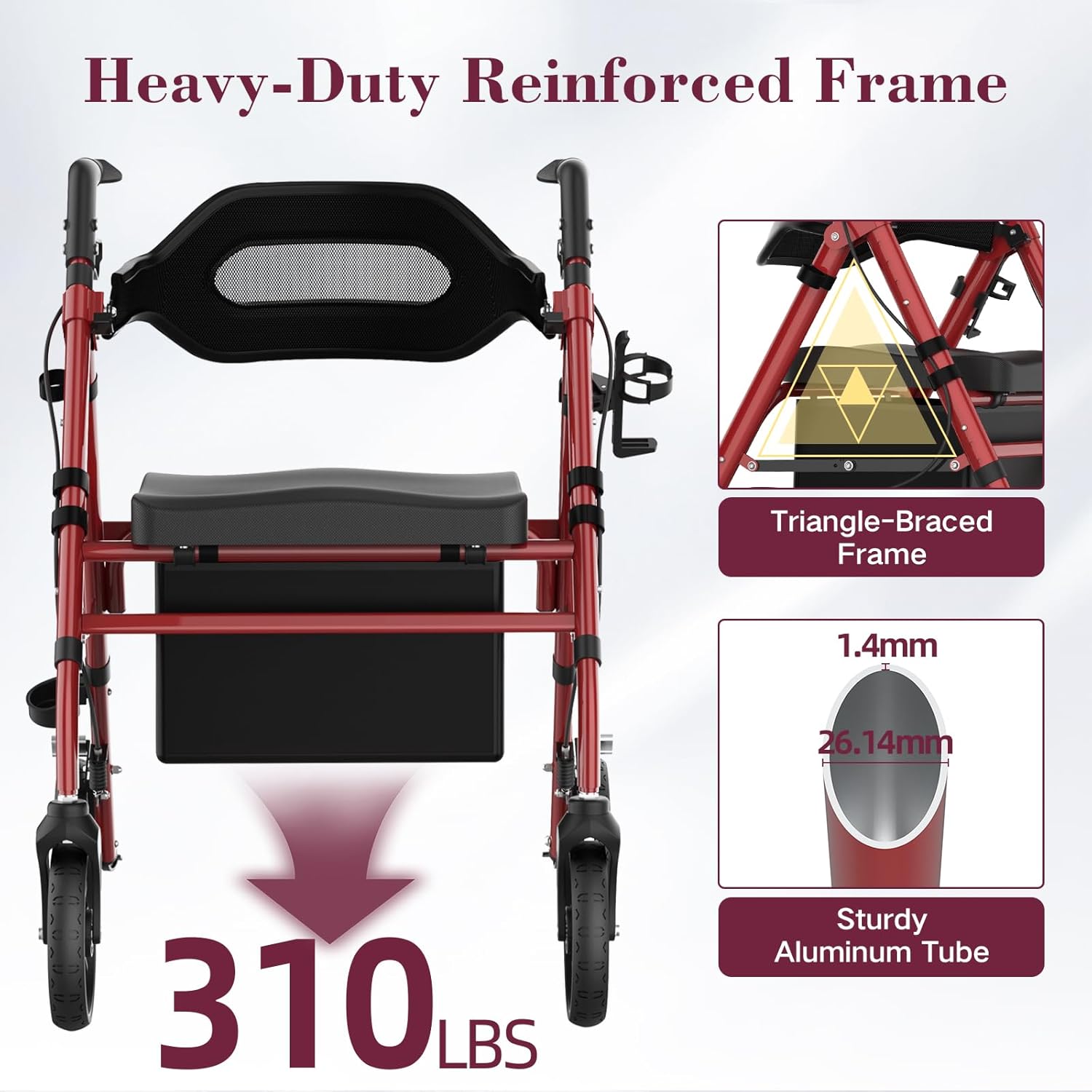 walkers for seniors, foldable rollator walker with seat, 8" big wheels, lightweight rollator walker with ergonomic backrest, adjustable handles and seat height, 310 lbs weight capacity, red