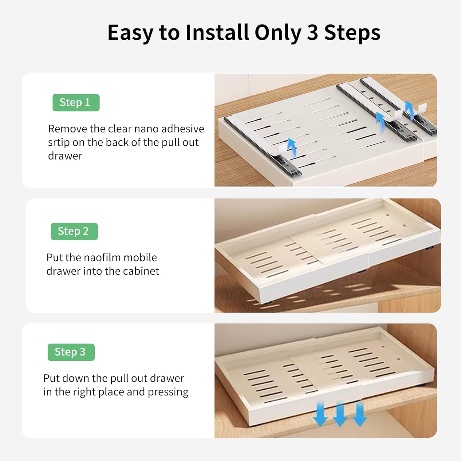 2 Pack Expandable Pull Out Cabinet Organizer 21" Deep, Upgrade 3 Slide Rails No Drill Adjustable Slide Out Drawers, Adjustable Width 12.05"-20.5" for Kitchen,Pantry,Framed Cabinets White