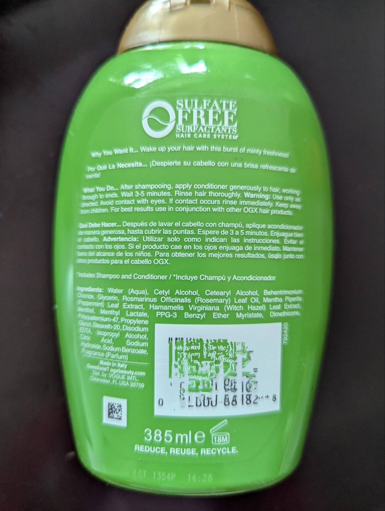Kenvue OGX Extra Strength Refreshing Scalp + Rosemary Mint Conditioner, Nourishing Hair & Scalp Conditioner Infused with Rosemary for Healthy-Looking Hair, Sulfate-Free Surfactants, 13 fl. oz