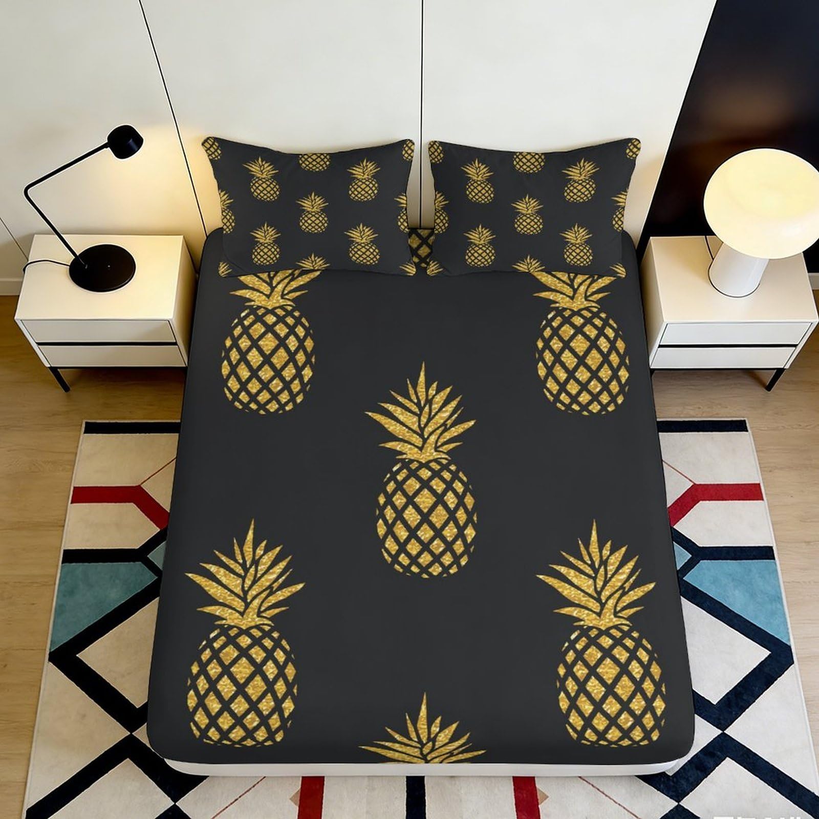 3D Printed Pineapple Pattern Fitted Sheet Microfiber Black Gold Mattress Cover Anti-Slip Washable Bedroom Decor for Home Dorm 90x200x25cm