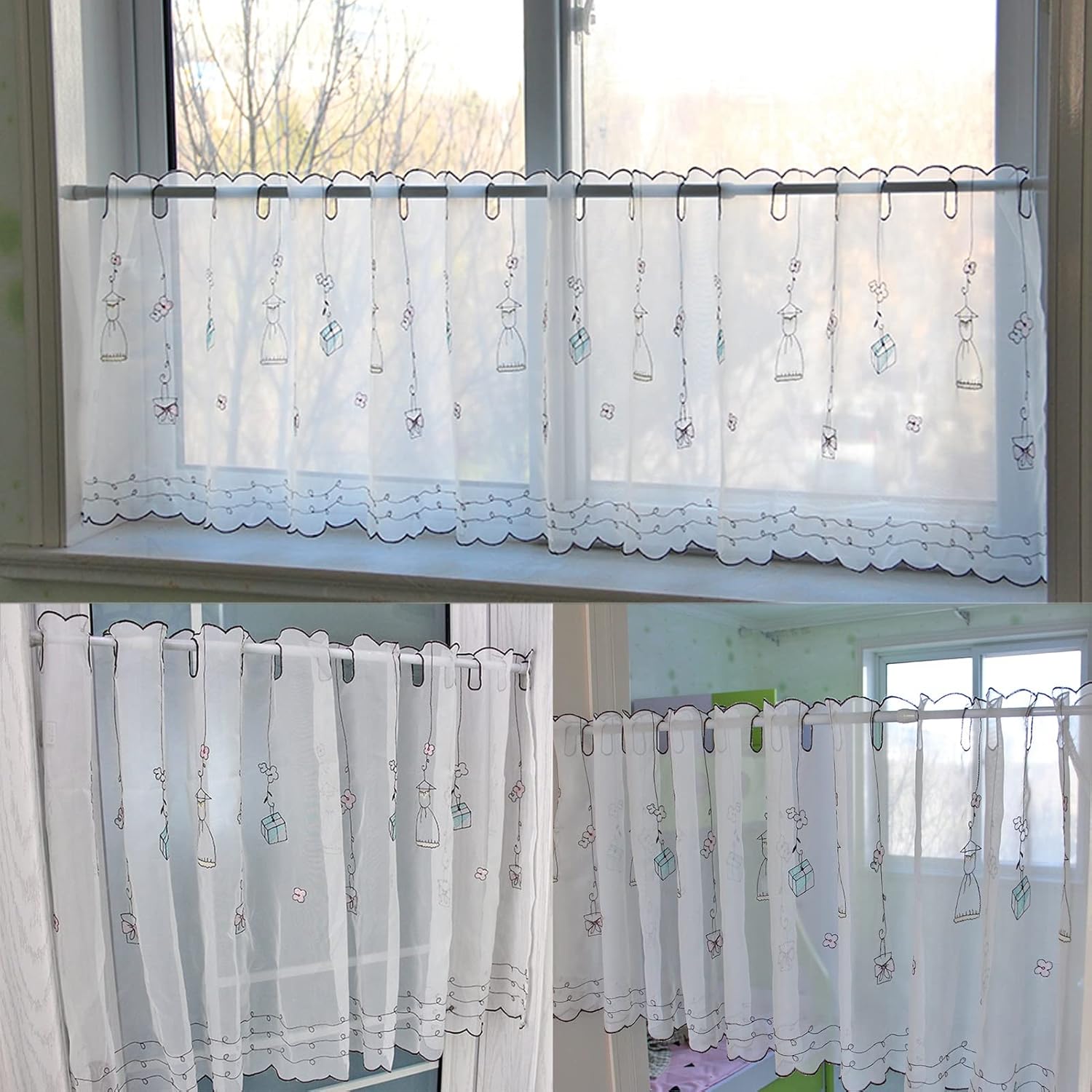 White Kitchen Curtain, Nice Embroidery Tier Curtains, Polyester/Polyester Cotton Curtains Valance, for Kitchen, Bathroom, Basement,Bedroom and Small Windows Decor Light Filtering