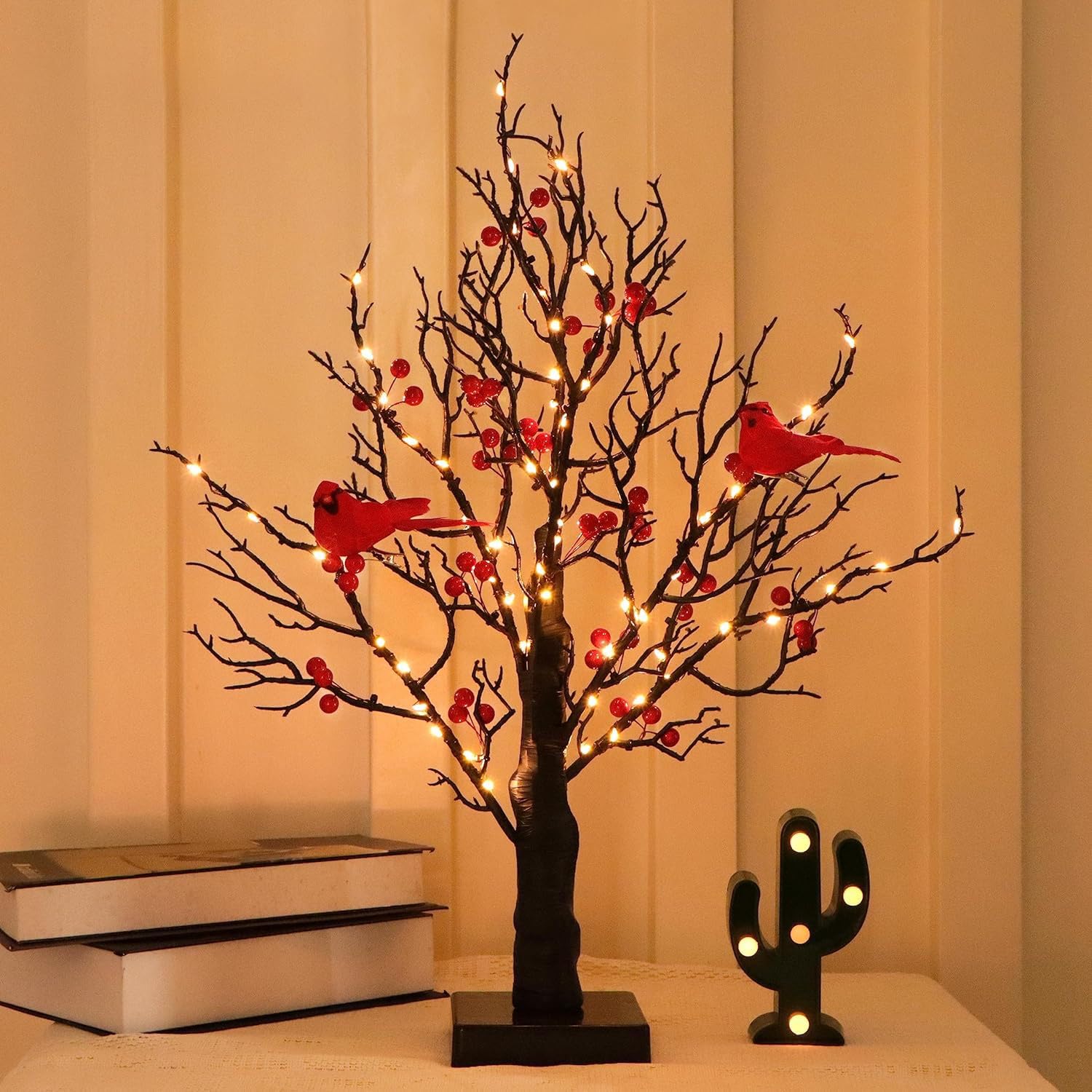 Msioytog Halloween Glowing Tree with Redbirds Statue with Pumpkin Craft for Themed Parties Kids Room Safe Decoration Warm Vintage Glow with Festive Red & Décor