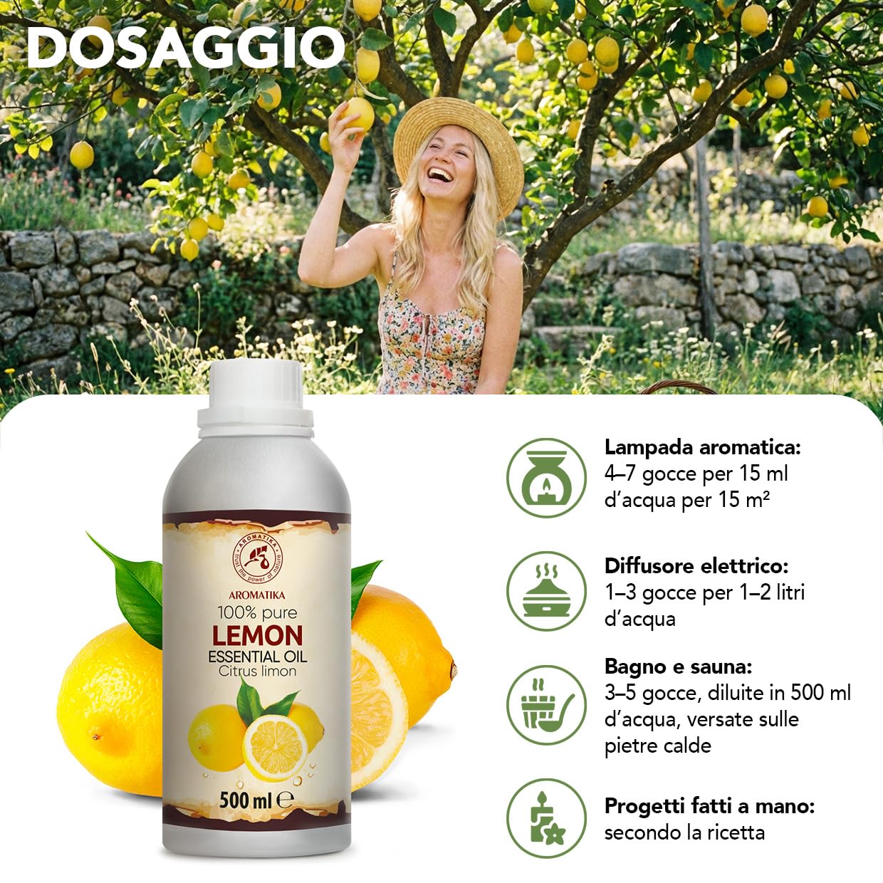 Olio essenziale di Limone 500 ml - Citrus Limon - Naturale e Puro - Olio essenziali per Diffusori - Profumi per la Casa - Saponi e Candele - Sauna - Aroma di Agrumi - Aromaterapia
