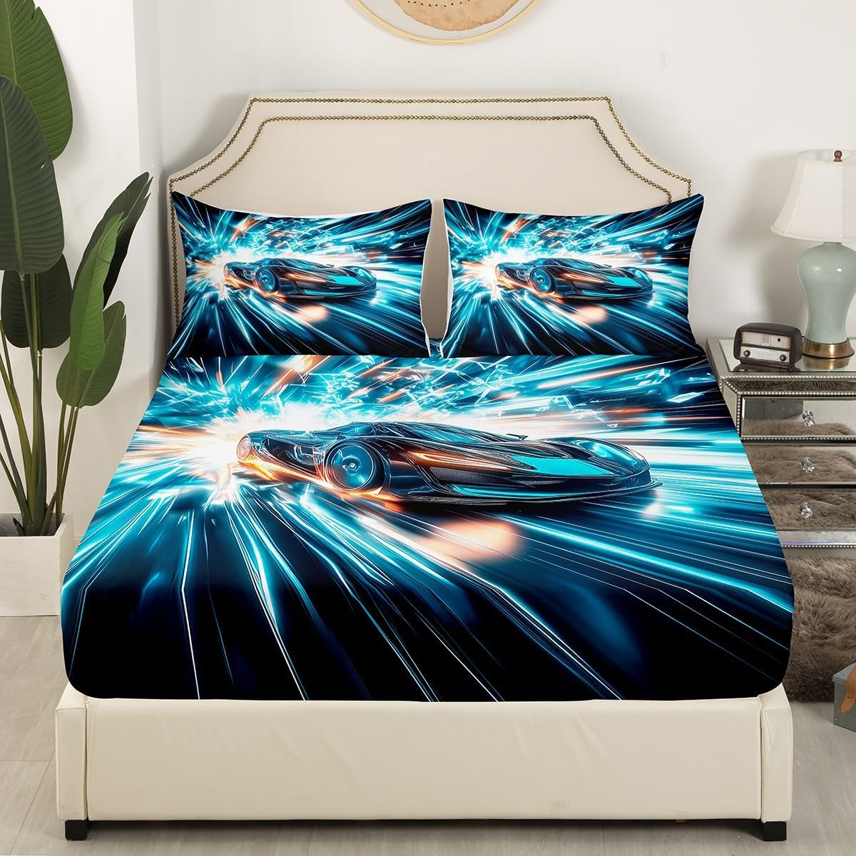 Erosebridal Toddler Boys Race Car Queen Size Bed Sheets,Extreme Sports Gaming Themed Sheets with Aqua Teal Gradient Stripes & Black,Cool Speed Carro Racing Car Kids Room Decor Bed Set for Kids Teen
