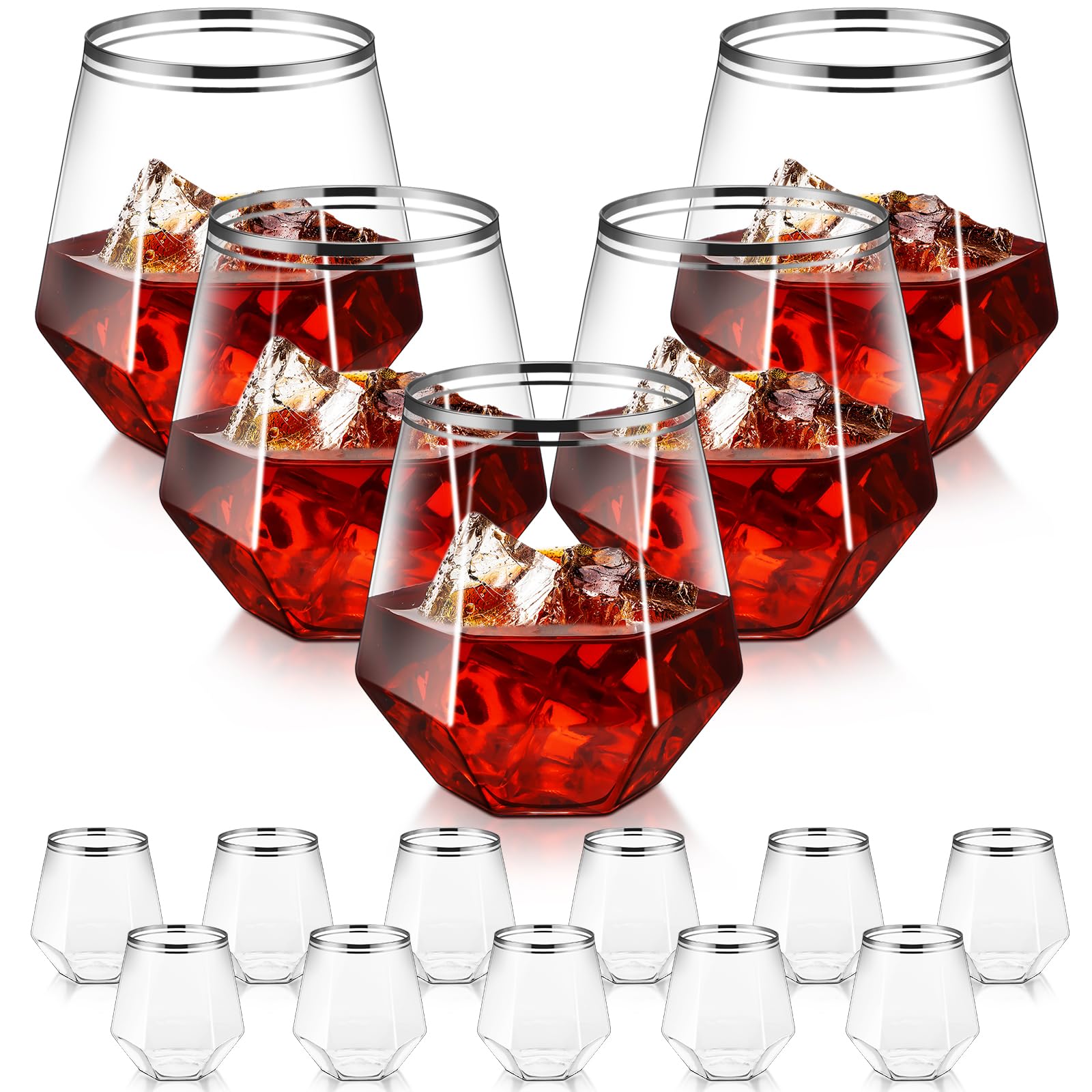 Suclain 60 Pcs Double Rimmed Plastic Diamond Stemless Wine Glasses Clear Disposable Whiskey Glasses 12oz Unbreakable Wedding Cups for Juice Cocktail Champagne Birthday Party(Silver Rim)