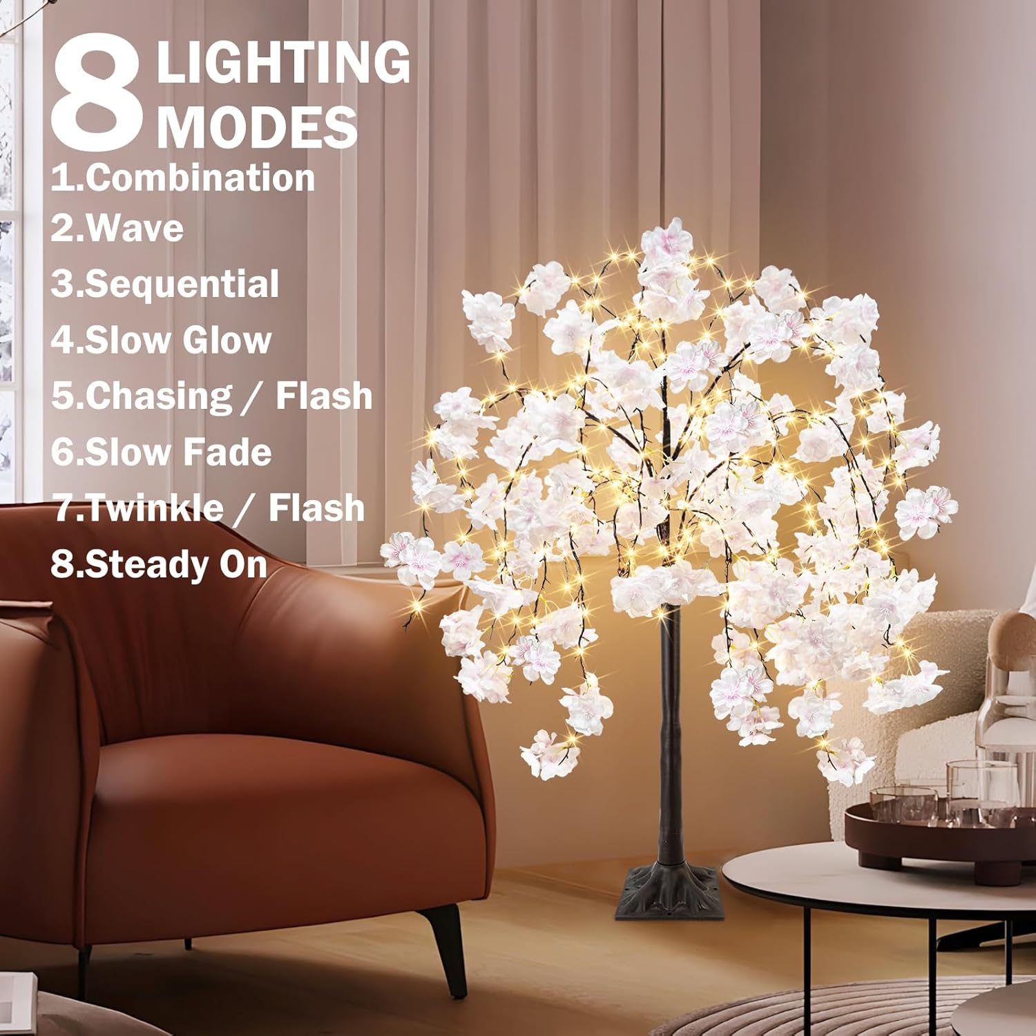 4FT Cherry Blossom Tree with 360 LED Fairy Lights Artificial Lighted Tree with 8 Lighting Modes Light Up Pink Tree with Faux Flowers for Spring Wedding Party Indoor Outdoor Decor - Image 5