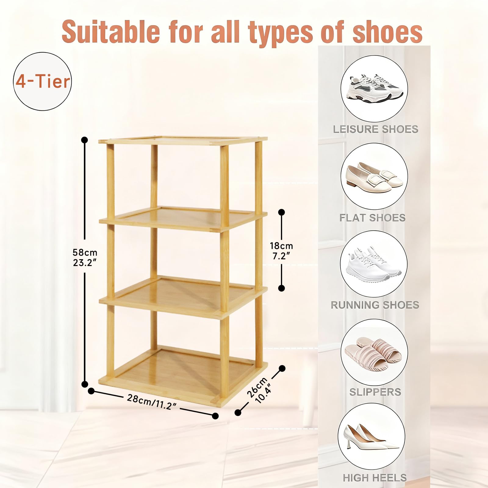Aniston 4-poziomowy bambusowy stojak na buty, wolnostojący, wąski, pionowy, wysoki organizer na buty, do garażu, szafy, drzwi, narożnika, salonu, małych przestrzeni (4 Tier)