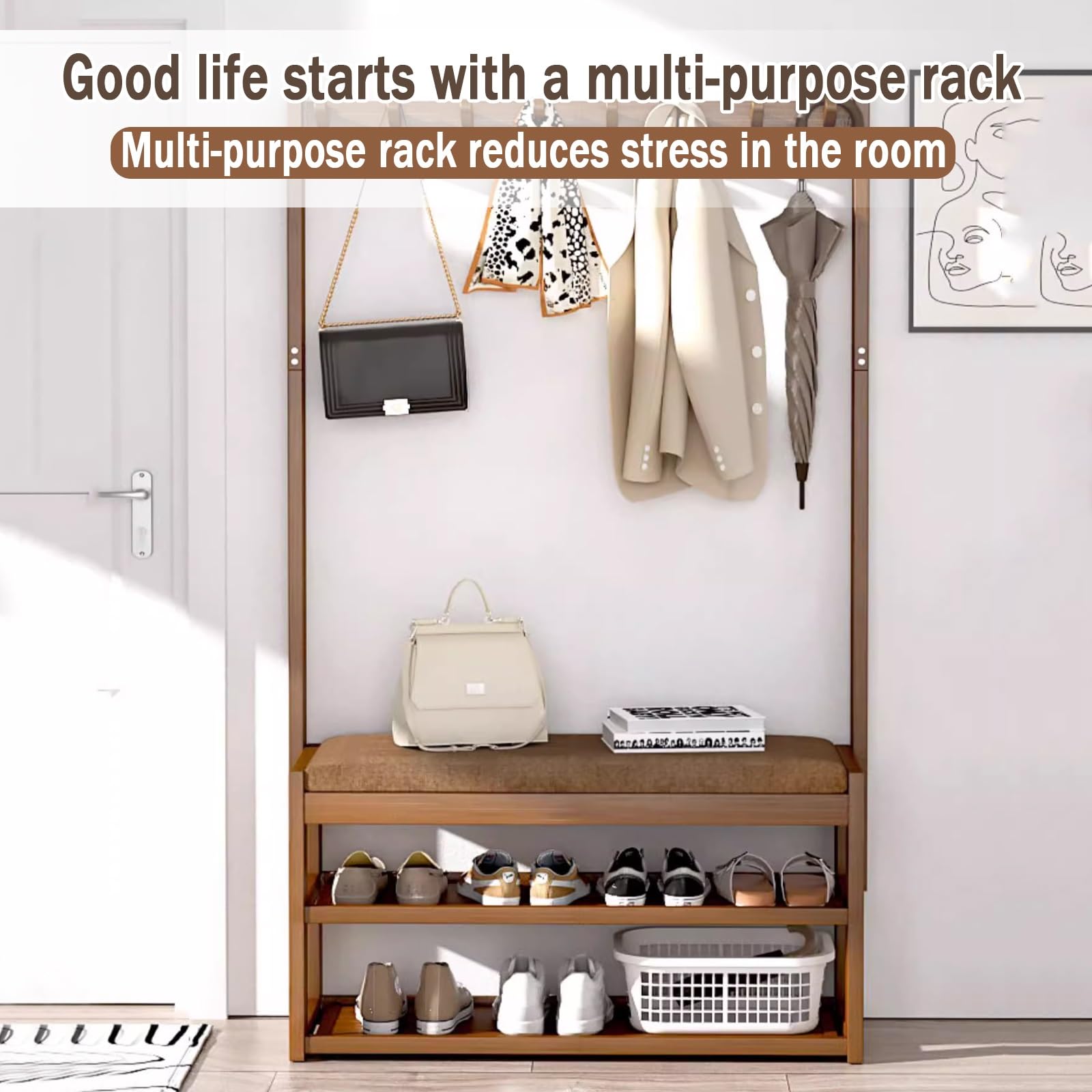 Perchero de Entrada Recibidor con Banco，Perchero Zapatero, Perchero Recibidor con Ganchos, Banco Zapatero y Estantes, Pasillo Dormitorio Salón, Estilo Moderno(L100*W29CM/L40.5*W11.4IN)