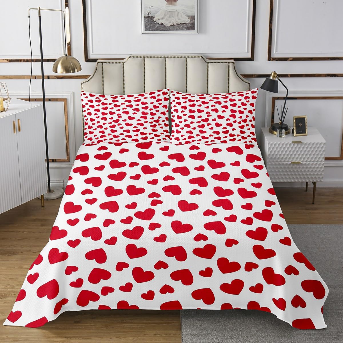Copriletto Trapuntato King Size Per Ragazzi - Motivo Geometrico E Cuori, Bianco E Rosso, In Microfibra 310 G/m²
