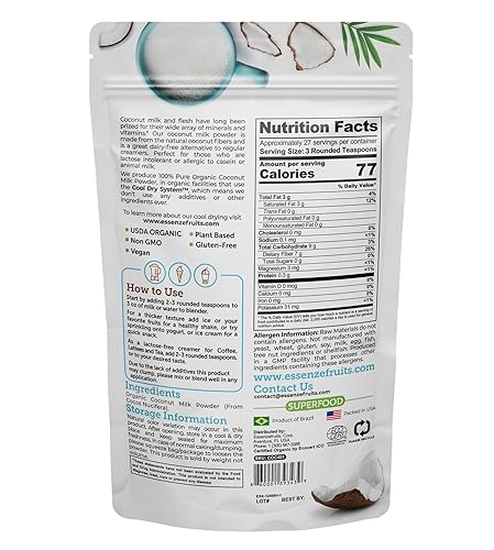 Miniatura 2 de Essenzefruits Leche de coco orgánica pura en polvo, sin maltodextrina premium, sin azúcar añadida, sin lácteos, orgánica USDA, vegana, apta para