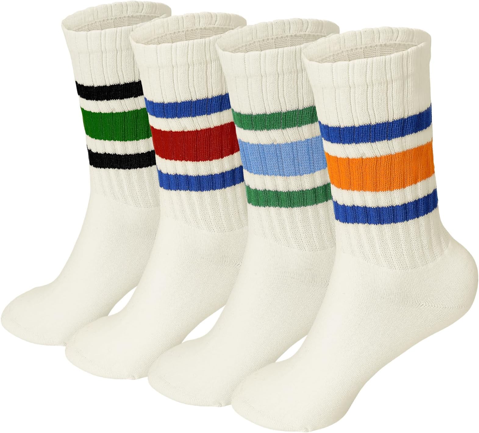 Meng Jiaran 4 Pairs Crew Sport Socks Women Men Striped Crew Socks Size 4-7, Retro Athletic Socks Casual Cotton Socks for Women Men