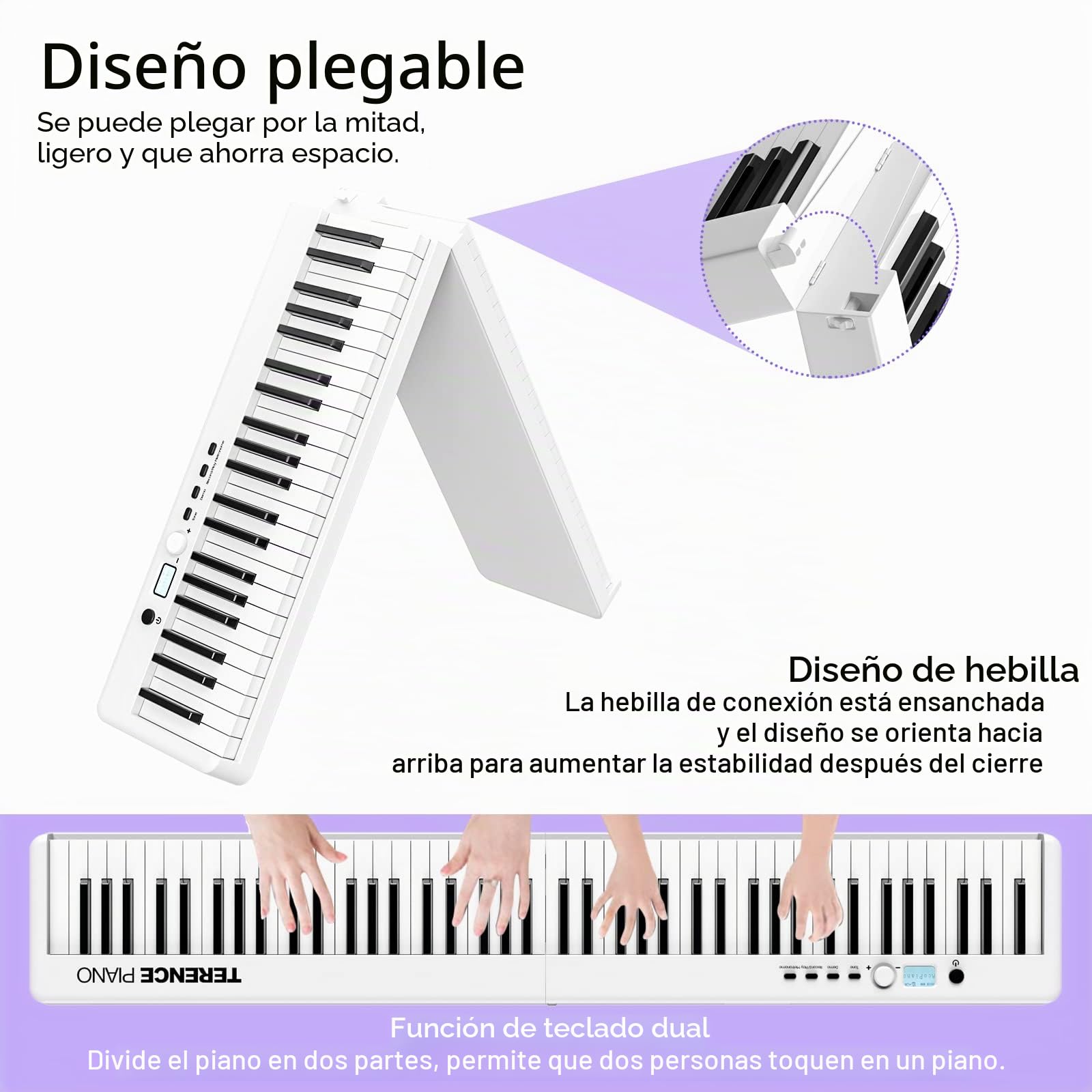 TERENCE Plegable Pianos digitales portátil con 88 teclas semi-ponderadas y batería de 1800mAh interfaz MIDI soporte para partituras bolsa adhesiva cable de audio auriculares pedal de sostenido Blanco
