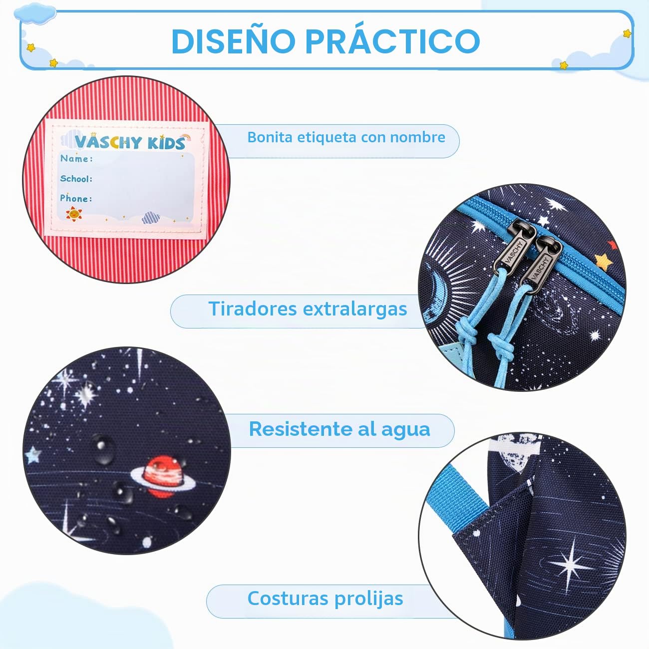 VASCHY Mochila Niña,Mochila Infantil 4-6 Años para Escolar Ajustar Carpeta A4 con Bolsillos Laterales y Correa en Pecho