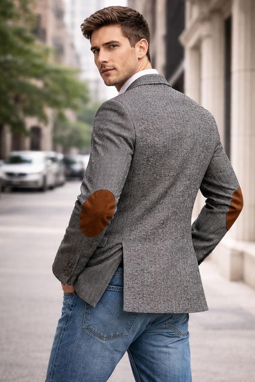 Men's Herringbone Tweed Blazer with Elbow Patches Vintage 2 Button Slim Fit Classic Business Suit Jacket