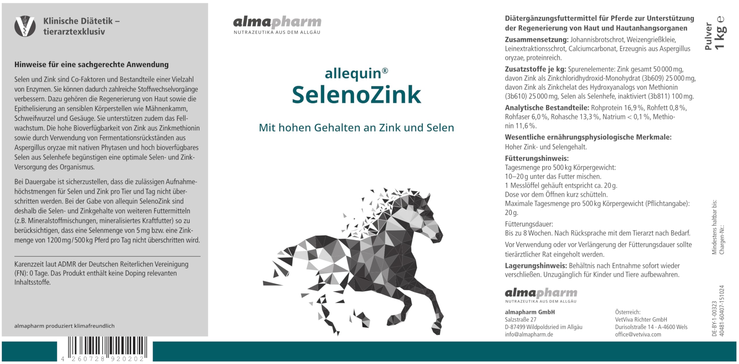 almapharm allequin SelenoZink | 1kg | Ergänzungsfuttermittel für Pferde | Kann dabei helfen einen Mangel an Selen und Zink auszugleichen | Zur Unterstützung von Haut und Hufe