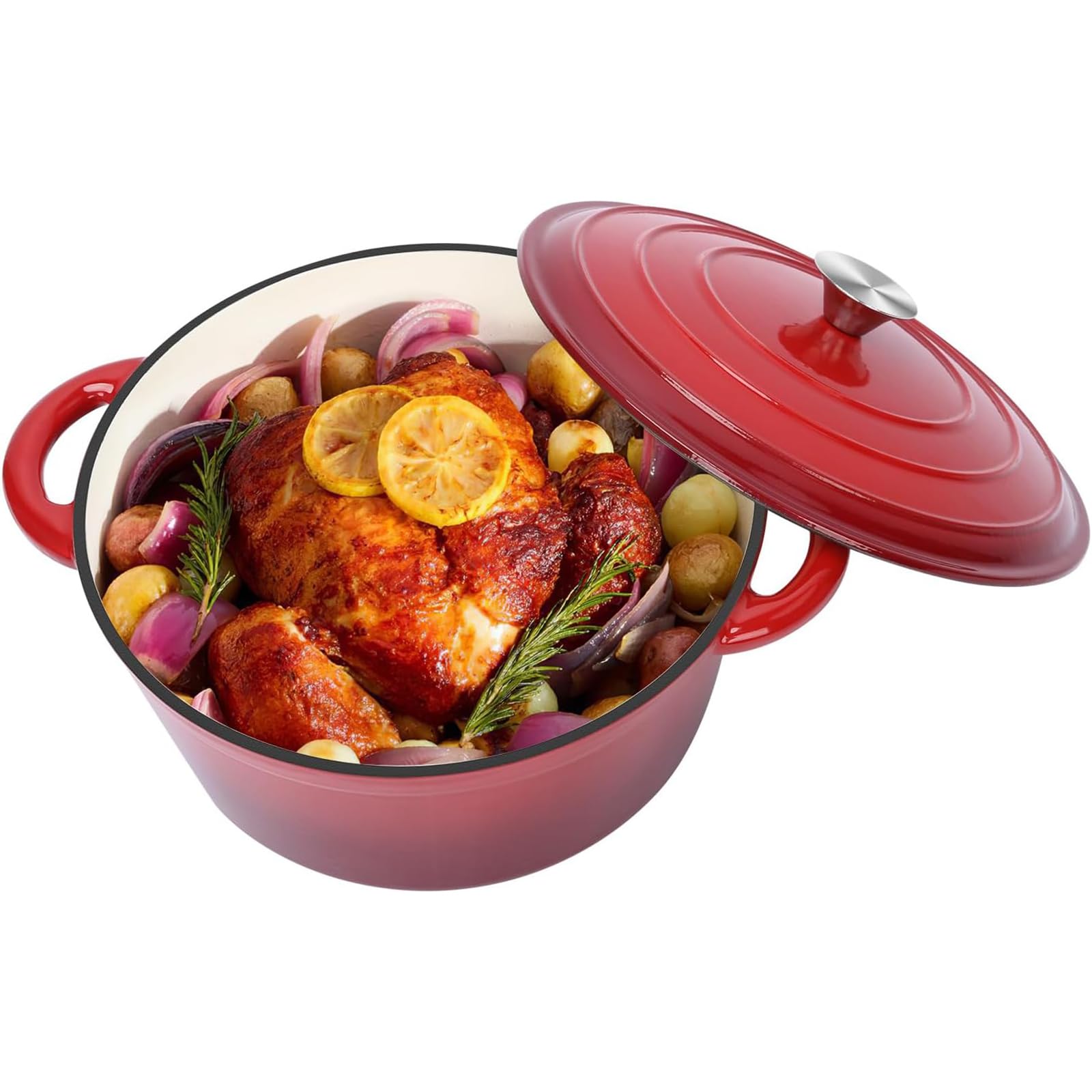 Pentola in ghisa smaltata, diametro 28 cm, con coperchio, per tutti i piani cottura e a induzione, in ghisa, per pane, rotondo, rosso, 5,7 l