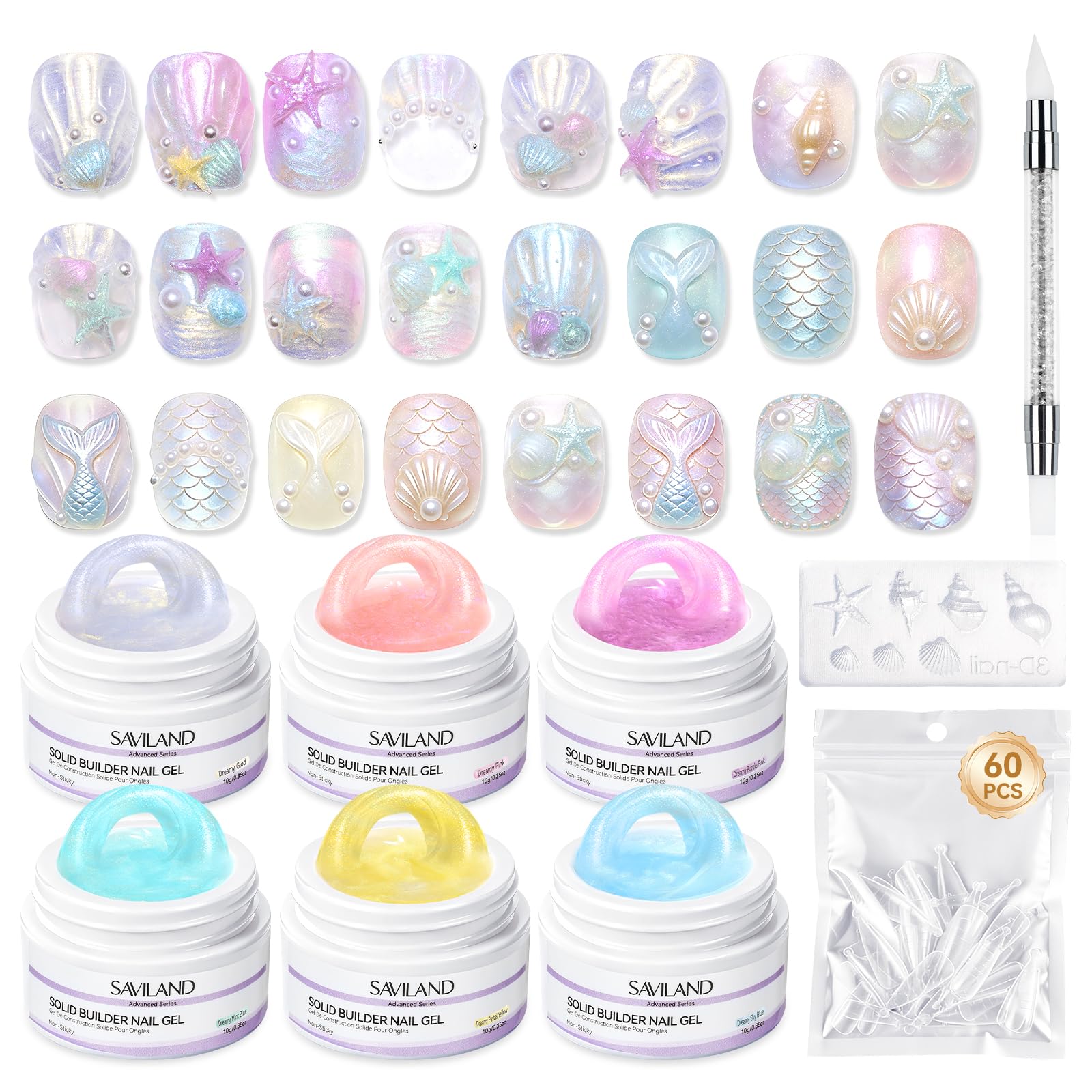 SAVILAND 3D Nail Gel Sculpting Gel Kit: 6PCS Dreamlike Aurora Colors 3D Gel for Nails Non-Sticky 3D Gels Builder 30 Days Long-Wear 3D SculptingGel for Nail Art with Sculpting Pen Dual Form Salon Use