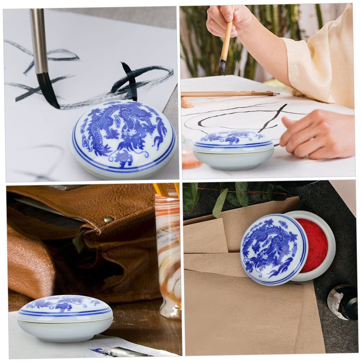 Angoily 4 Pezzi Scatola per Tampone di Inchiostro in Ceramica Rossa, Liscia e Facile da Pulire, Stile Cinese Retro per Calligrafia e Sigilli