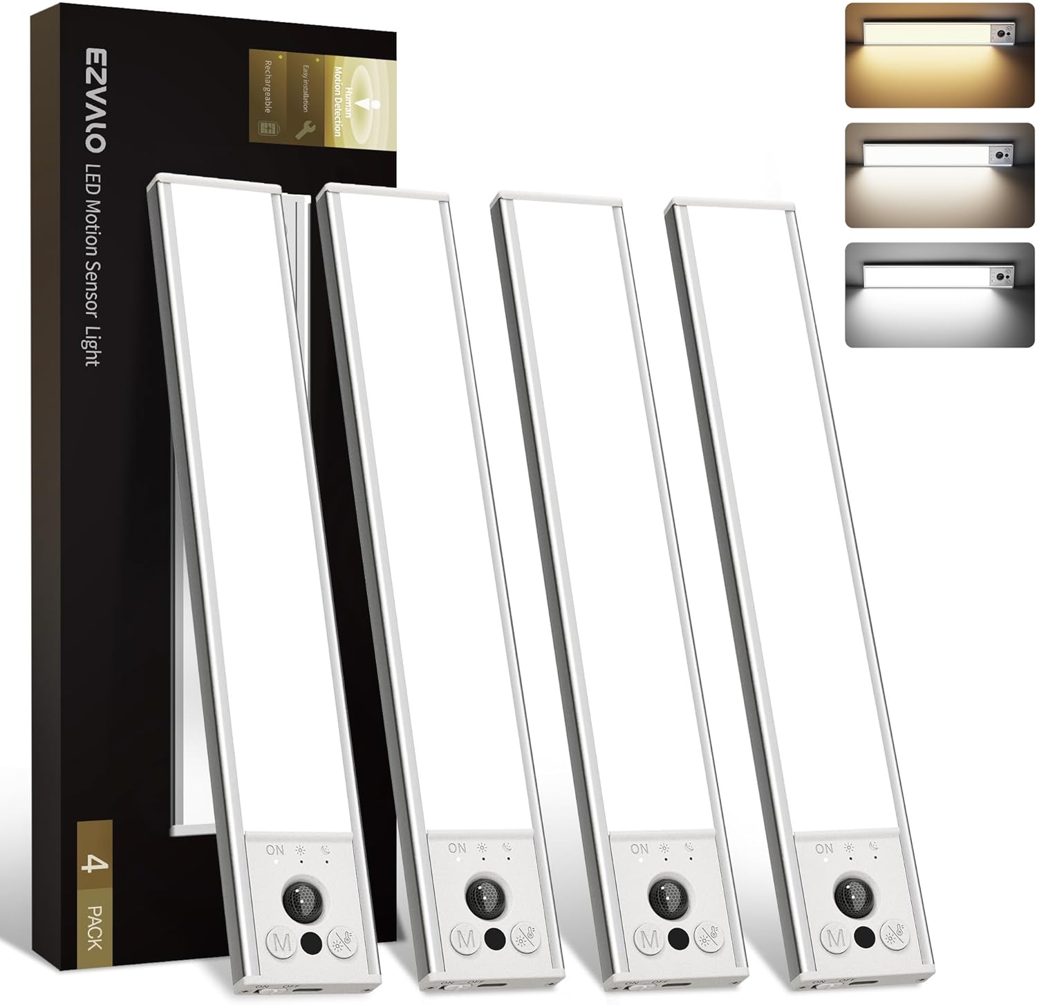 EZVALO 4-Pack Under Cabinet Lights, 2400mAh Rechargeable Motion Sensor Light Indoor, Wireless Closet Lights Battery Operated, with 3 Color Temps, Dimmable, Magnetic, for Kitchen, Stair, Pantry(8inch)